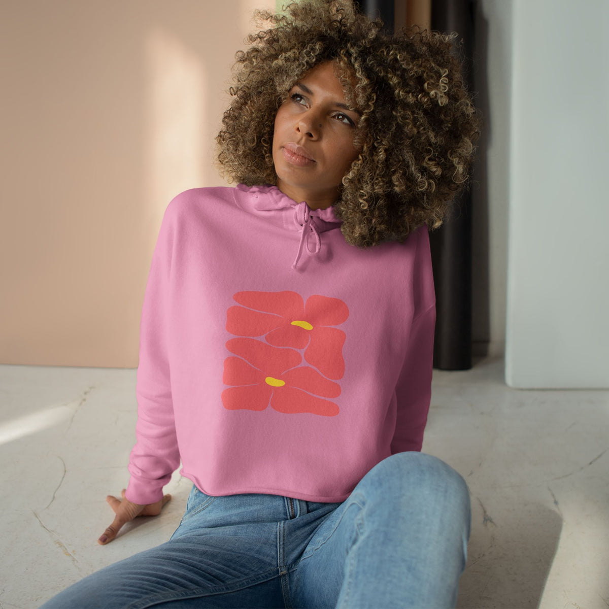 Pink Retro Flowers Graphic Crop Hoodie