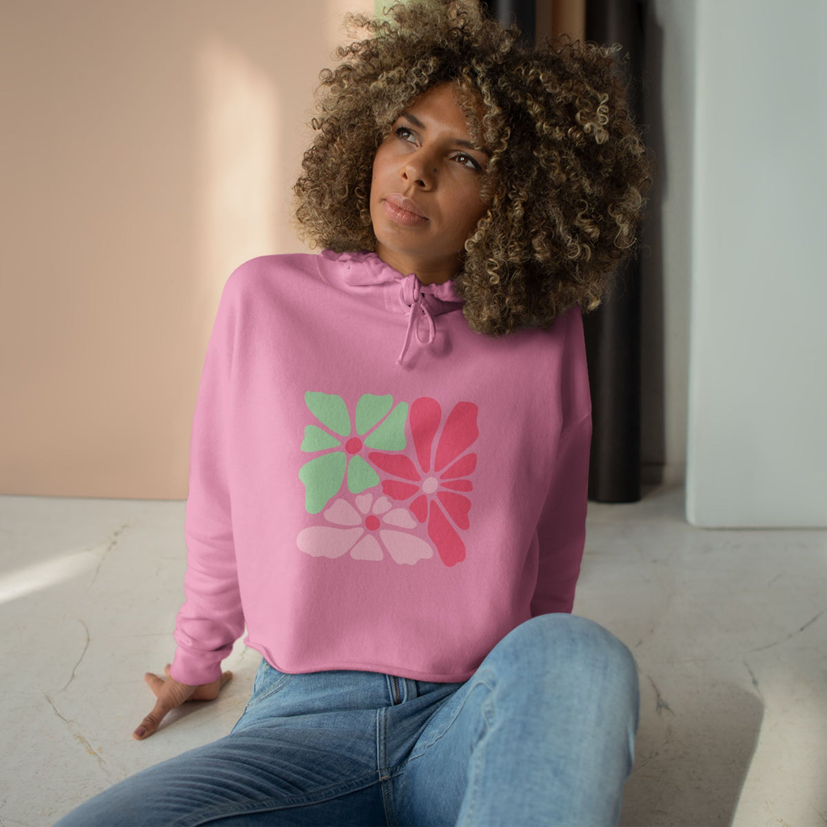 Floral Retro Block Print Crop Hoodie