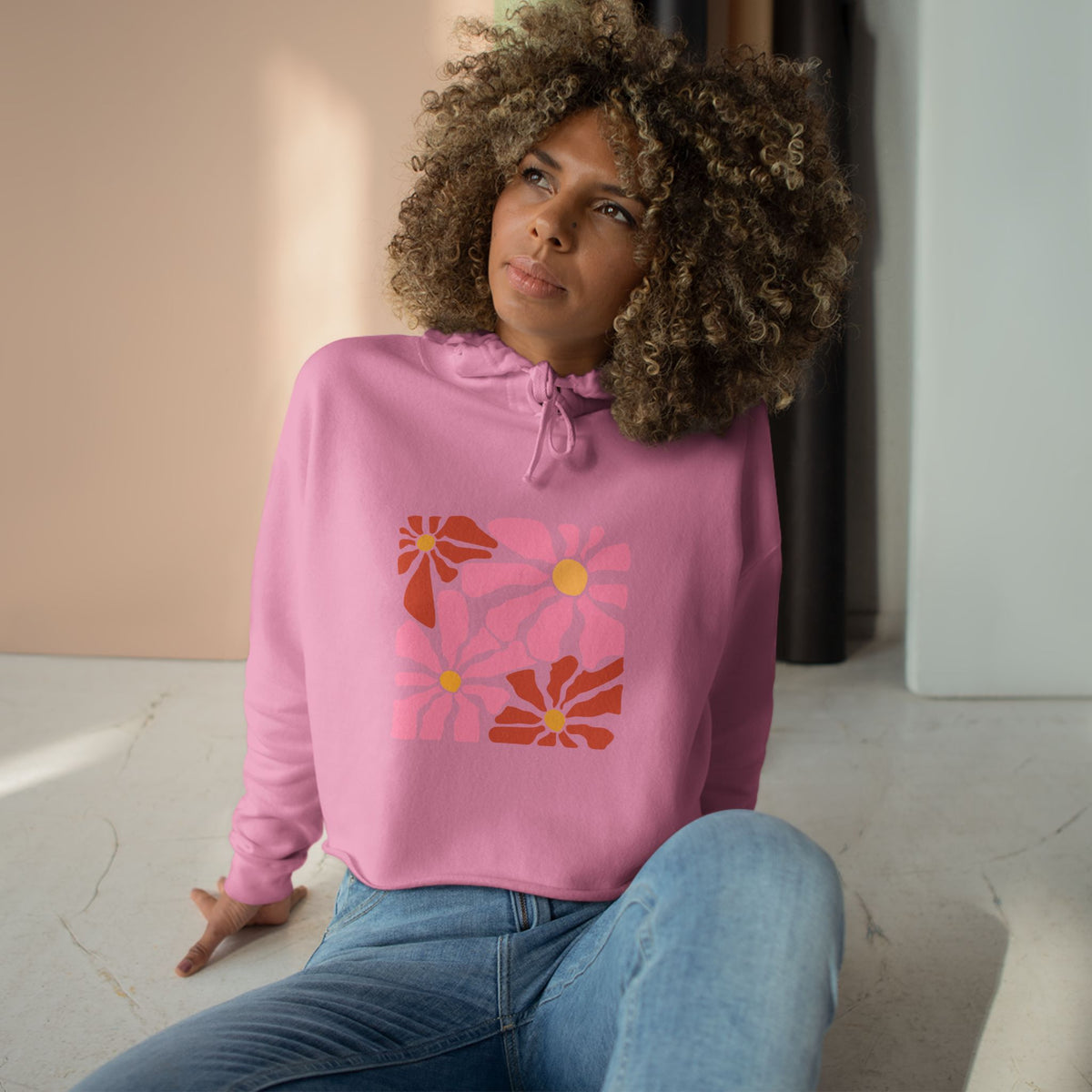 Retro Pink Daisy Graphic Crop Hoodie