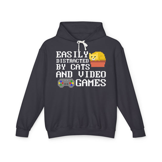 Easily Distracted By Cats And Video Games Lightweight Hooded Sweatshirt