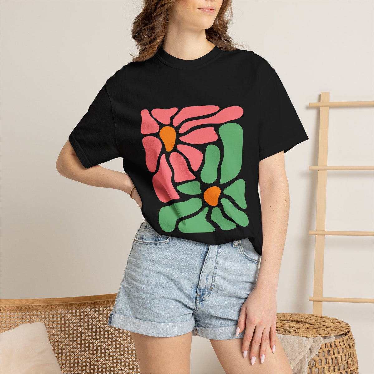 Abstract Pink & Green Flower Garment-Dyed Women's T-Shirt