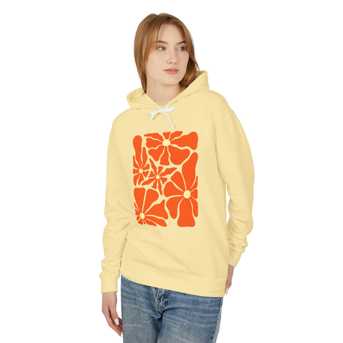 Retro Orange Floral Lightweight Women's Hooded Sweatshirt