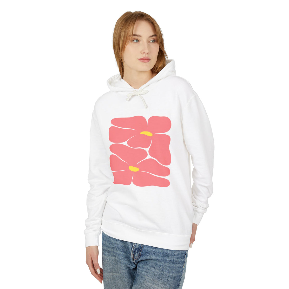 Pink Retro Flowers Graphic Lightweight Women's Hooded Sweatshirt