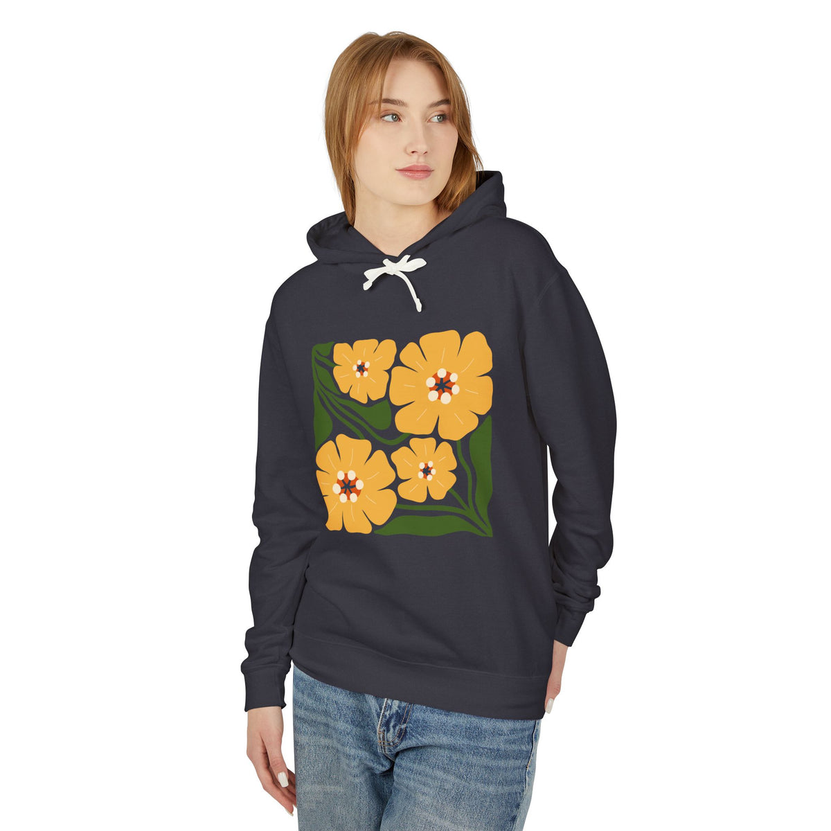 Yellow Blossom Graphic Lightweight Women's Hooded Sweatshirt
