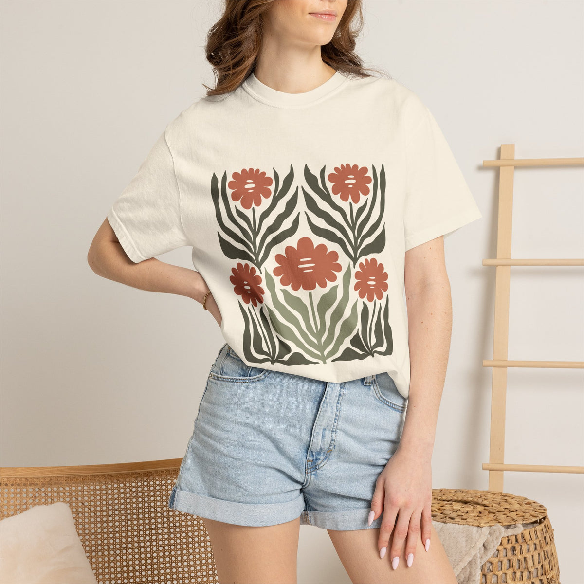 Rustic Flower Print Garment-Dyed Women's T-Shirt