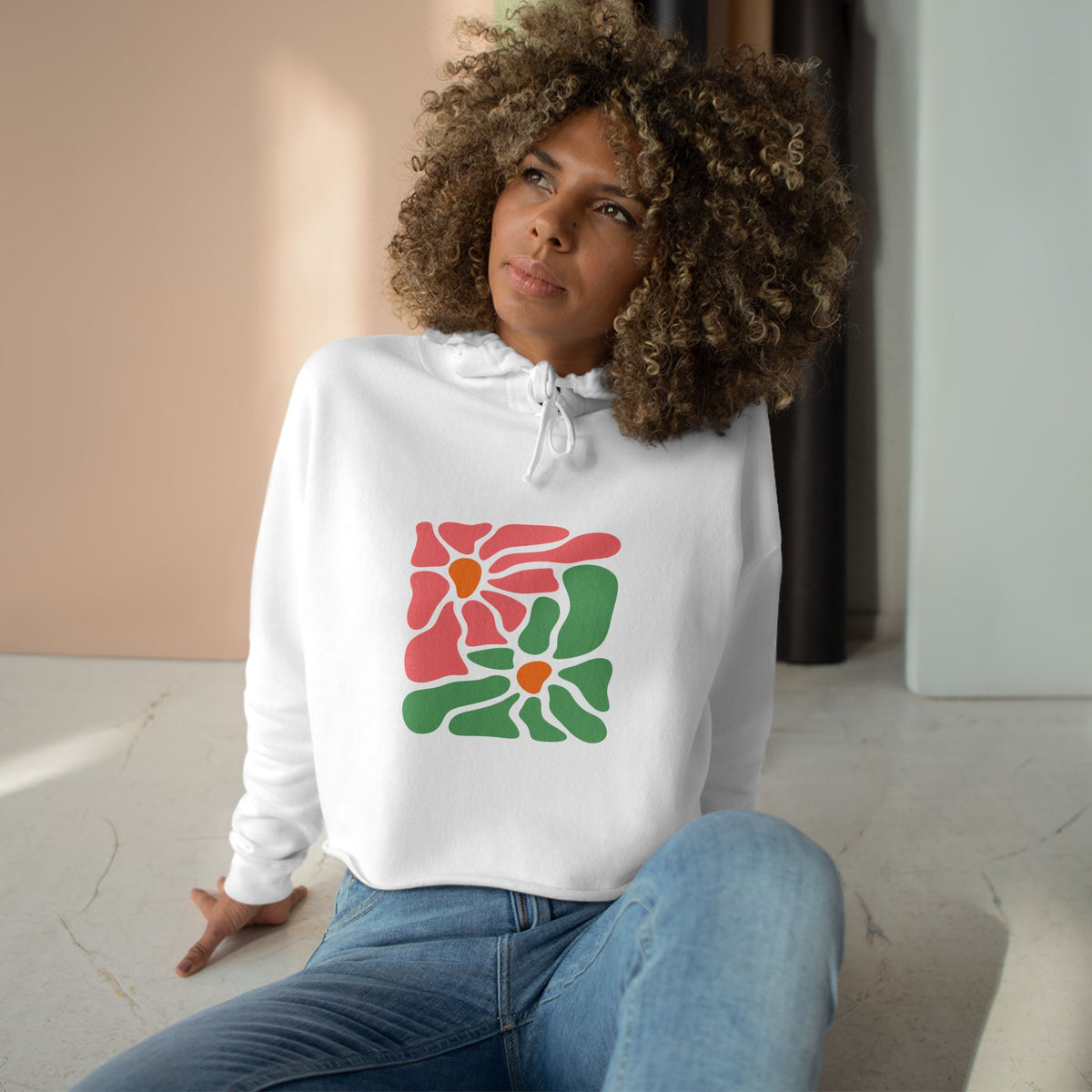 Abstract Pink & Green Flower Crop Hoodie