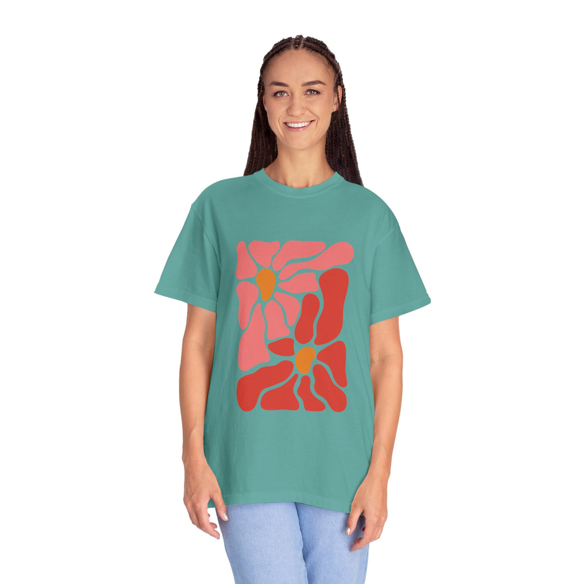 Pink Retro Flower Graphic Garment-Dyed Women's T-Shirt