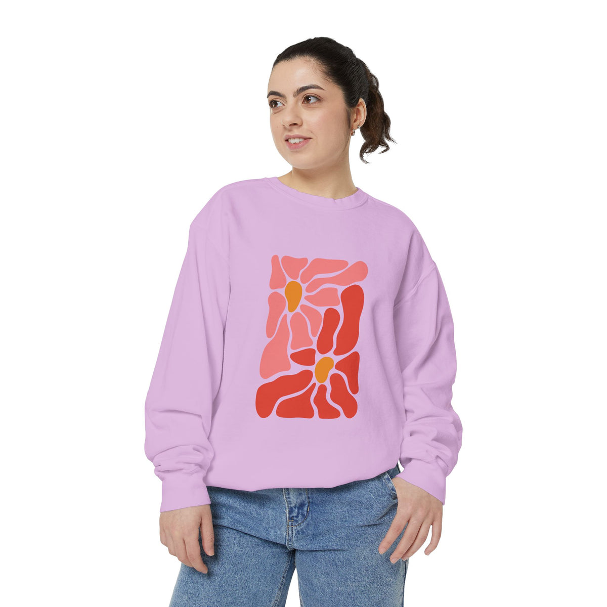 Pink Retro Flower Graphic Garment-Dyed Women's Hooded Sweatshirt