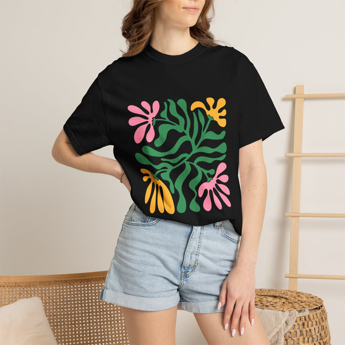 Floral Cutout Abstract Garment-Dyed Women's T-Shirt