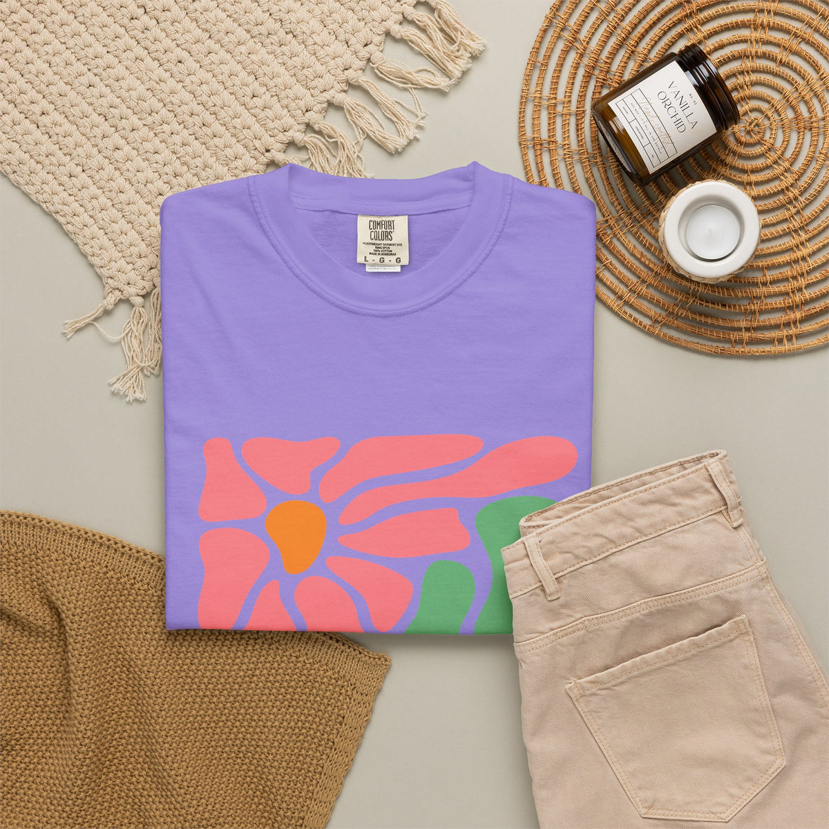 Abstract Pink & Green Flower Garment-Dyed Women's T-Shirt