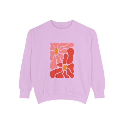 Pink Retro Flower Graphic Garment-Dyed Women's Hooded Sweatshirt