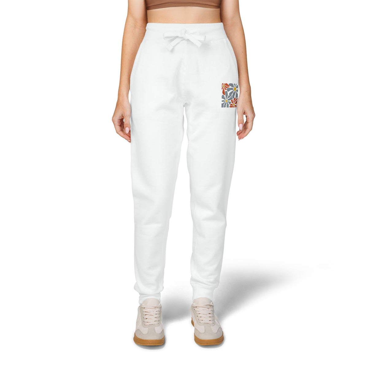 Retro Pink Daisy Graphic Embroidered Women's Fleece Sweatpants
