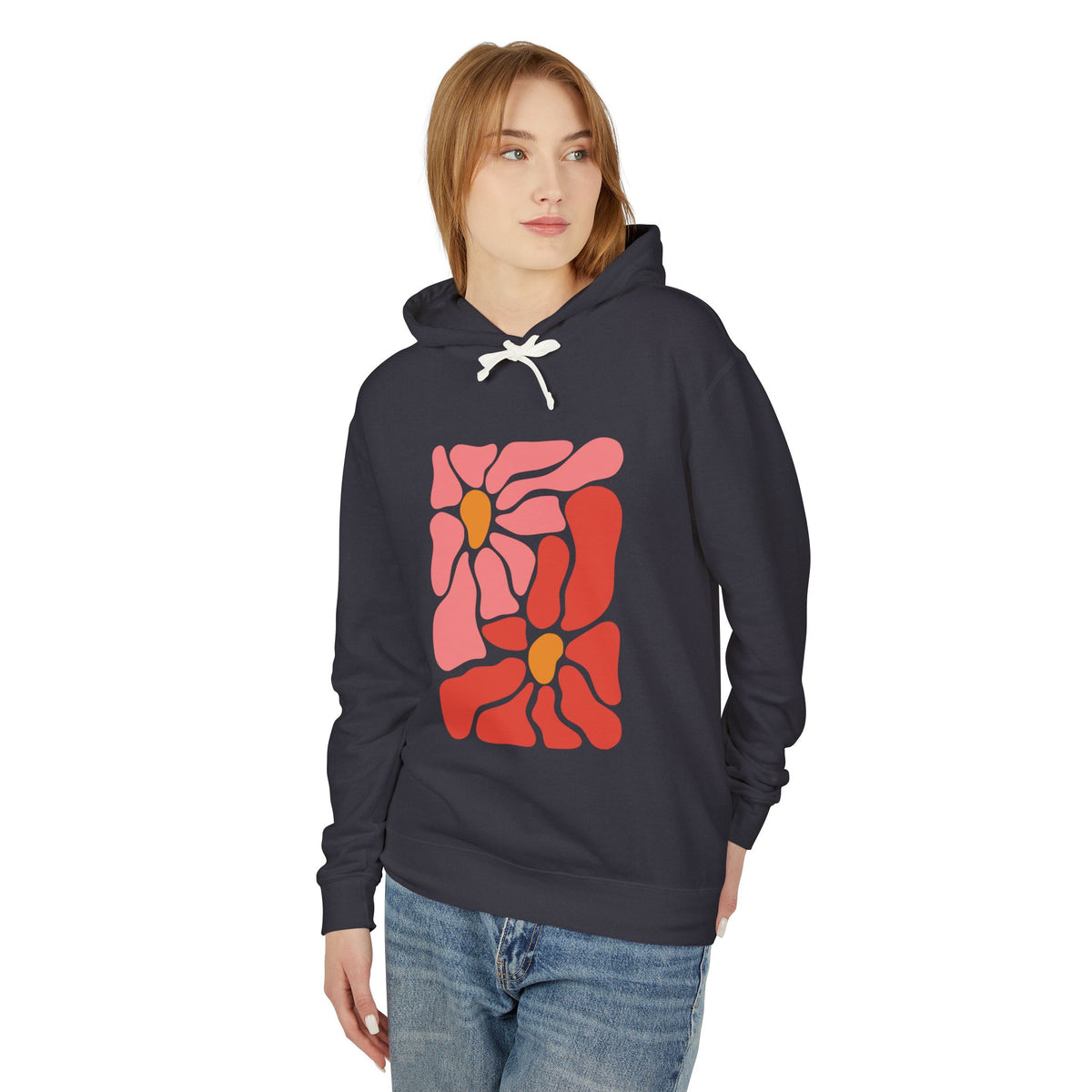 Pink Retro Flower Graphic Lightweight Women's Hooded Sweatshirt