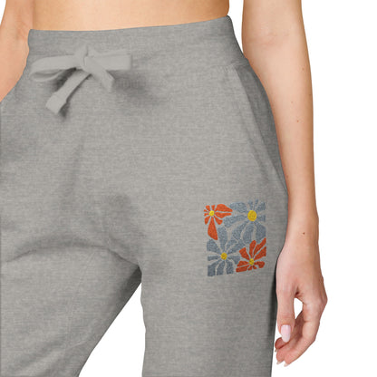 Retro Pink Daisy Graphic Embroidered Women's Fleece Sweatpants