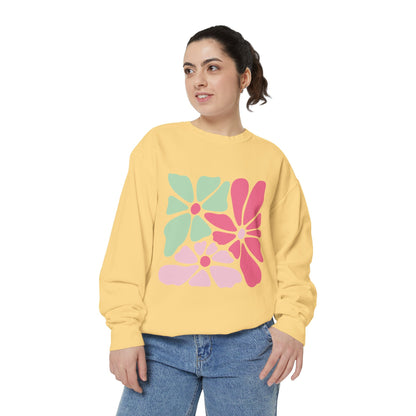 Floral Retro Block Print Garment-Dyed Women's Sweatshirt