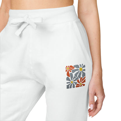 Retro Pink Daisy Graphic Embroidered Women's Fleece Sweatpants