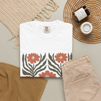 Rustic Flower Print Garment-Dyed Women's T-Shirt