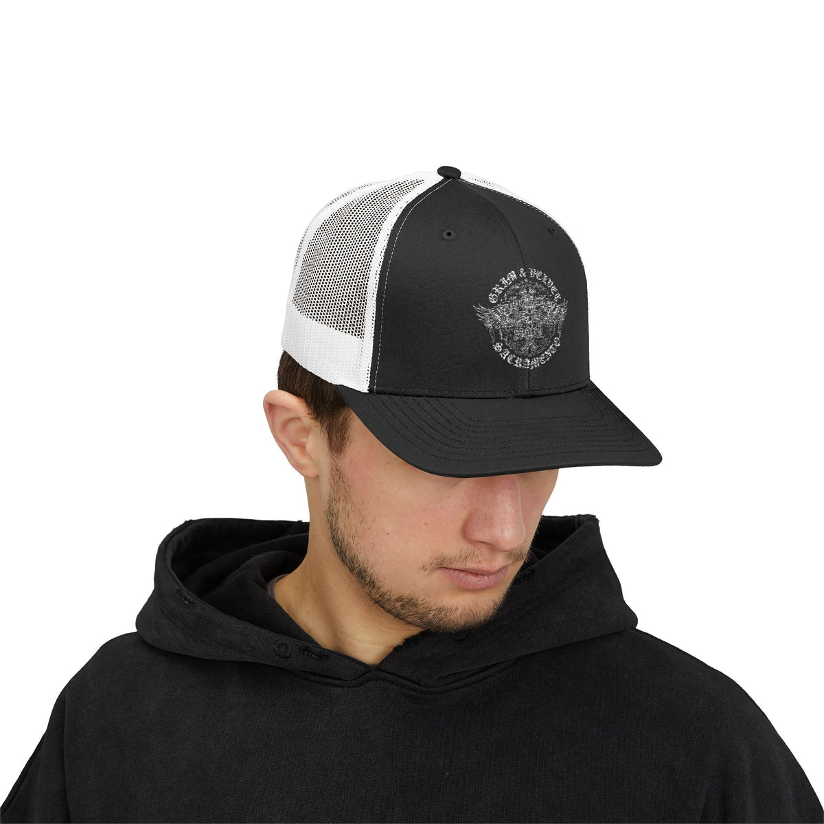Black Snapback Trucker Cap with Vintage Skull Graphic