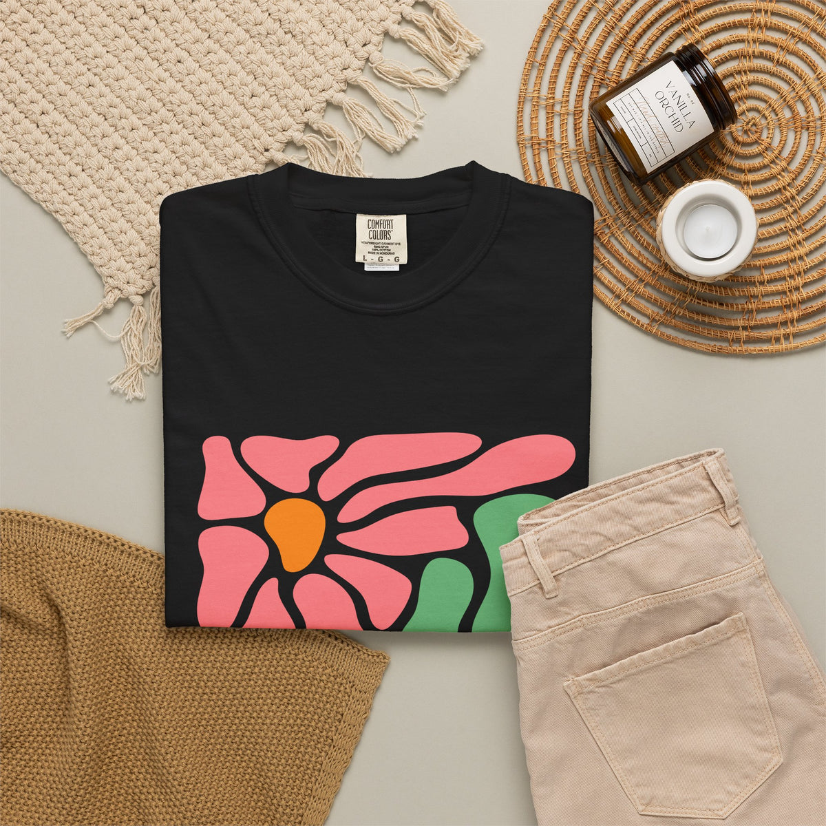 Abstract Pink & Green Flower Garment-Dyed Women's T-Shirt