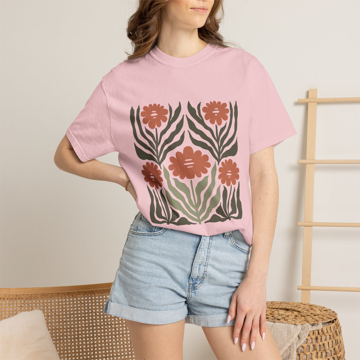 Rustic Flower Print Garment-Dyed Women's T-Shirt