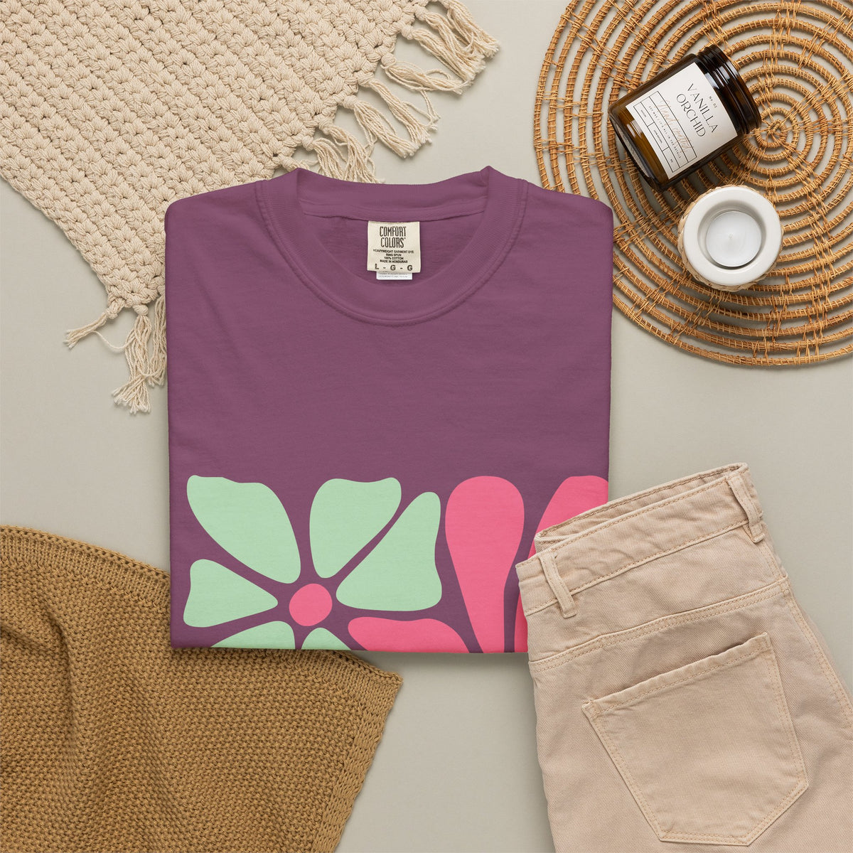 Floral Retro Block Print Garment-Dyed Women's T-Shirt