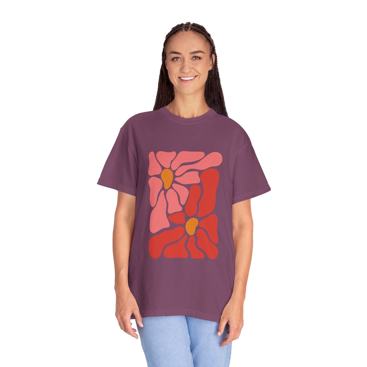 Pink Retro Flower Graphic Garment-Dyed Women's T-Shirt