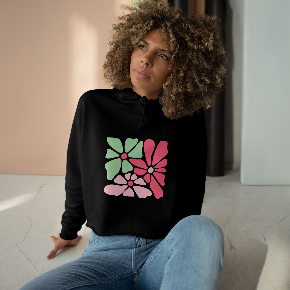Floral Retro Block Print Crop Hoodie