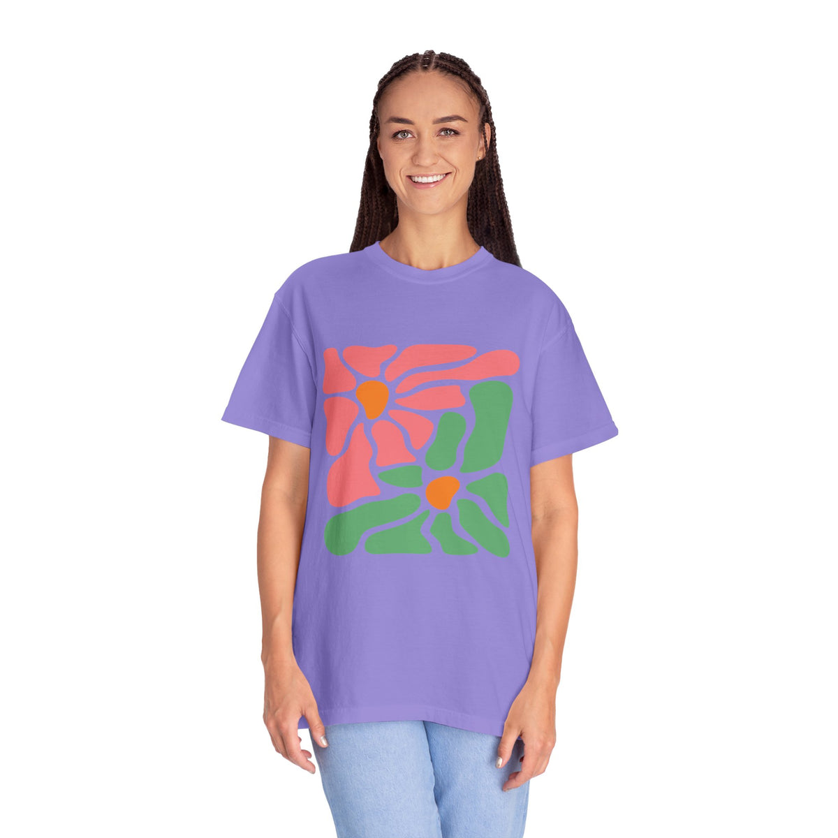 Abstract Pink & Green Flower Garment-Dyed Women's T-Shirt