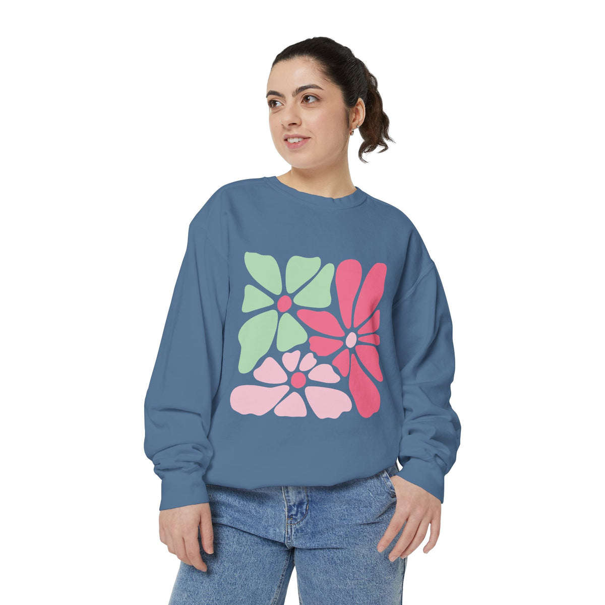 Floral Retro Block Print Garment-Dyed Women's Sweatshirt