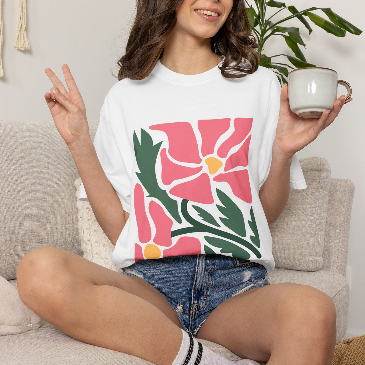 Pink Garden Graphic Garment-Dyed Women's T-Shirt