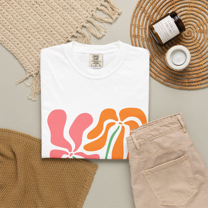 Groovy Pink & Orange Floral Garment-Dyed Women's T-Shirt