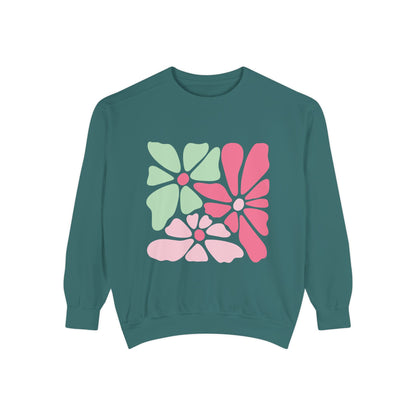 Floral Retro Block Print Garment-Dyed Women's Sweatshirt