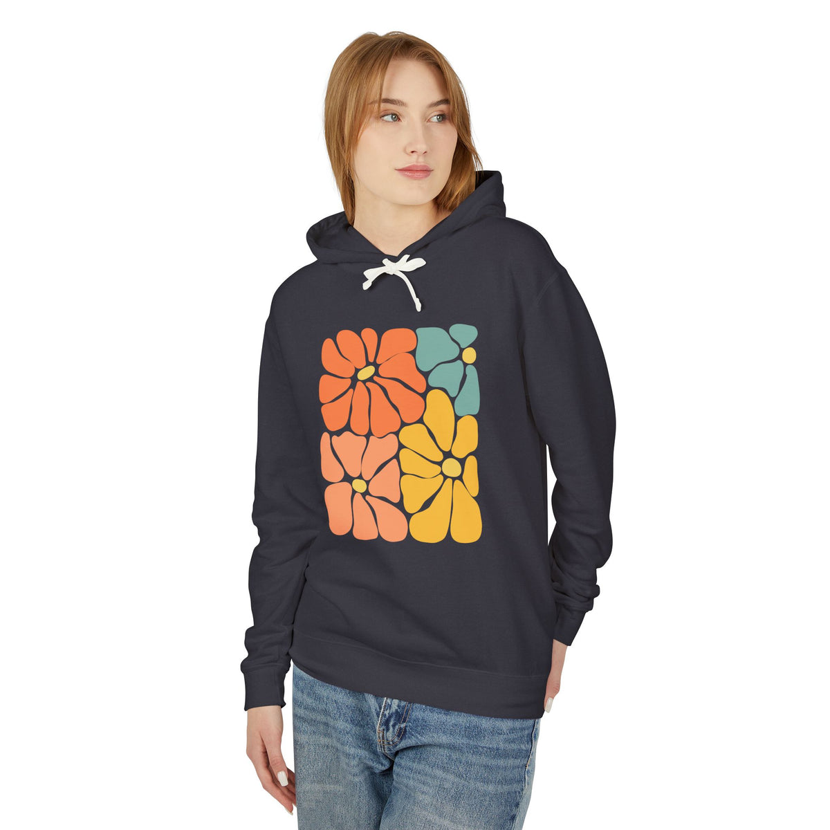 Retro Floral Color Block Lightweight Women's Hooded Sweatshirt