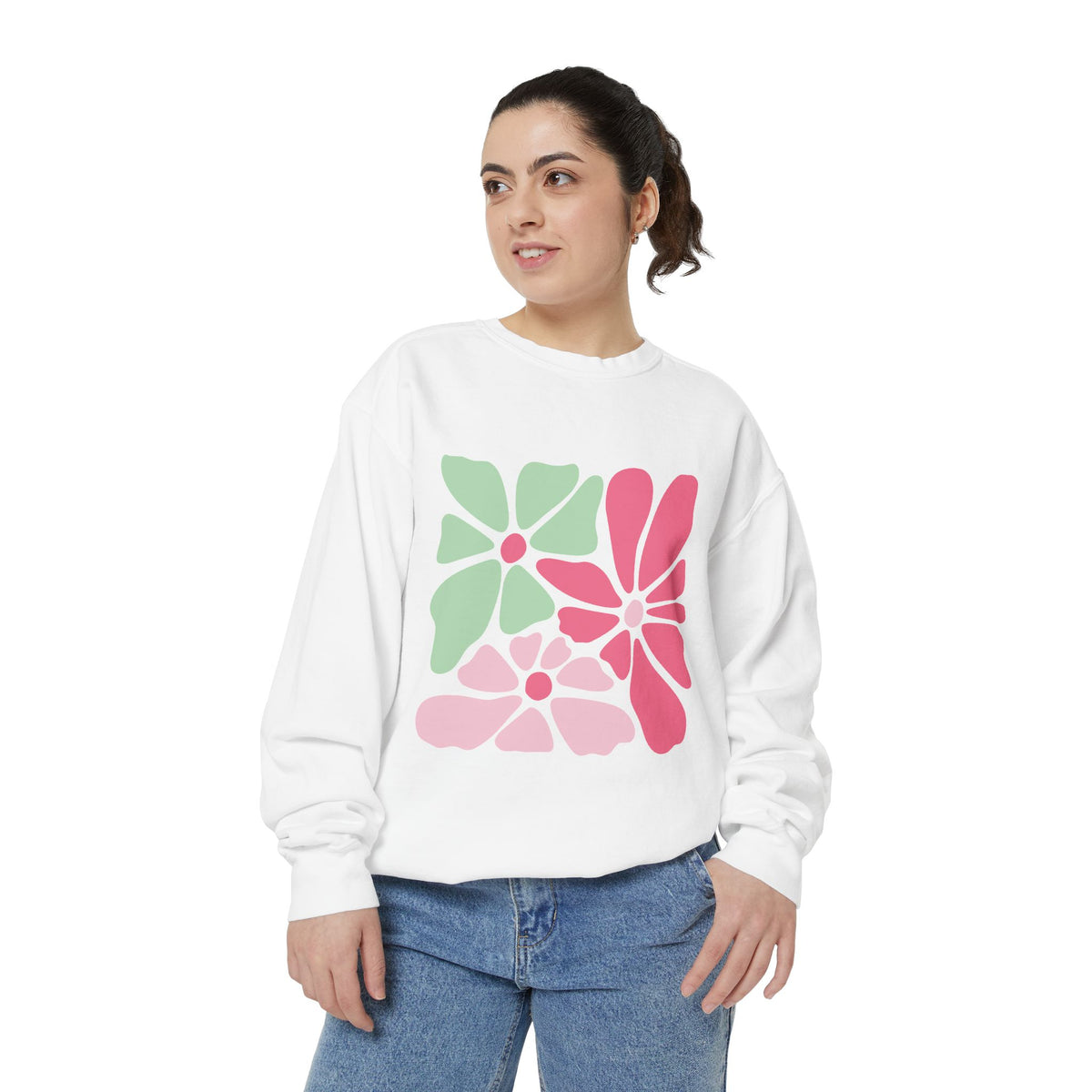 Floral Retro Block Print Garment-Dyed Women's Sweatshirt