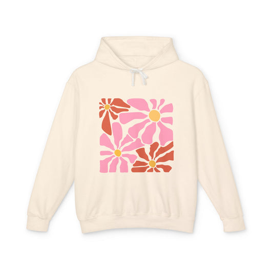 Retro Pink Daisy Graphic Lightweight Women's Hooded Sweatshirt