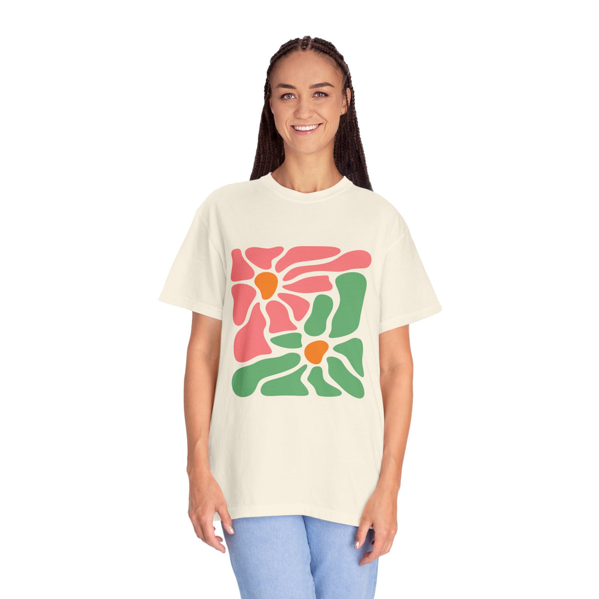 Abstract Pink & Green Flower Garment-Dyed Women's T-Shirt