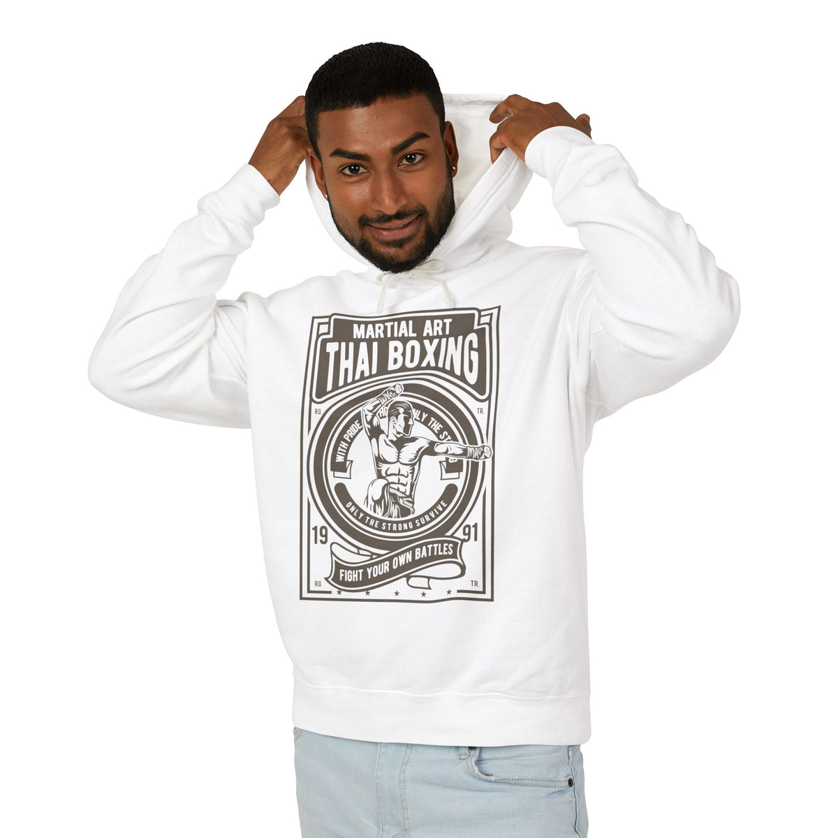 Muay Thai Boxing Vintage Emblem Lightweight Hooded Sweatshirt