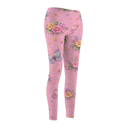 Pink Floral Butterfly Women's Casual Leggings