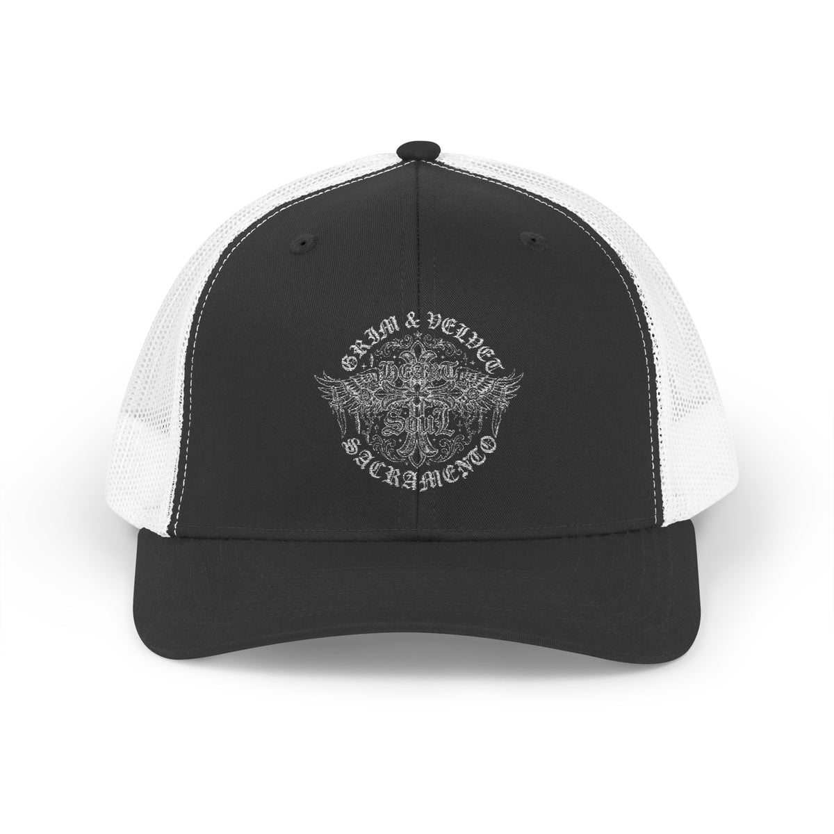 Black Snapback Trucker Cap with Vintage Skull Graphic