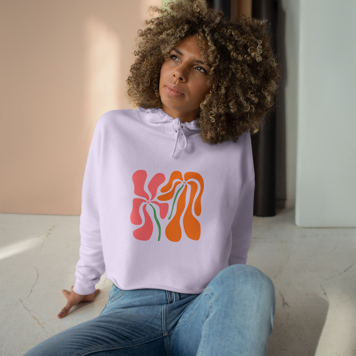 Groovy Pink & Orange Floral Crop Hoodie