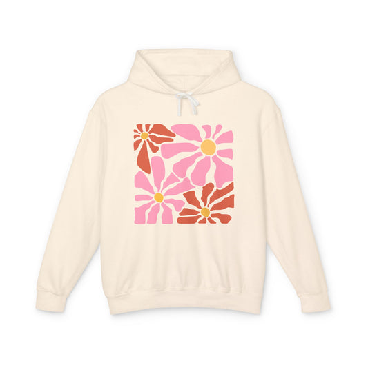 Retro Pink Daisy Graphic Lightweight Women's Hooded Sweatshirt