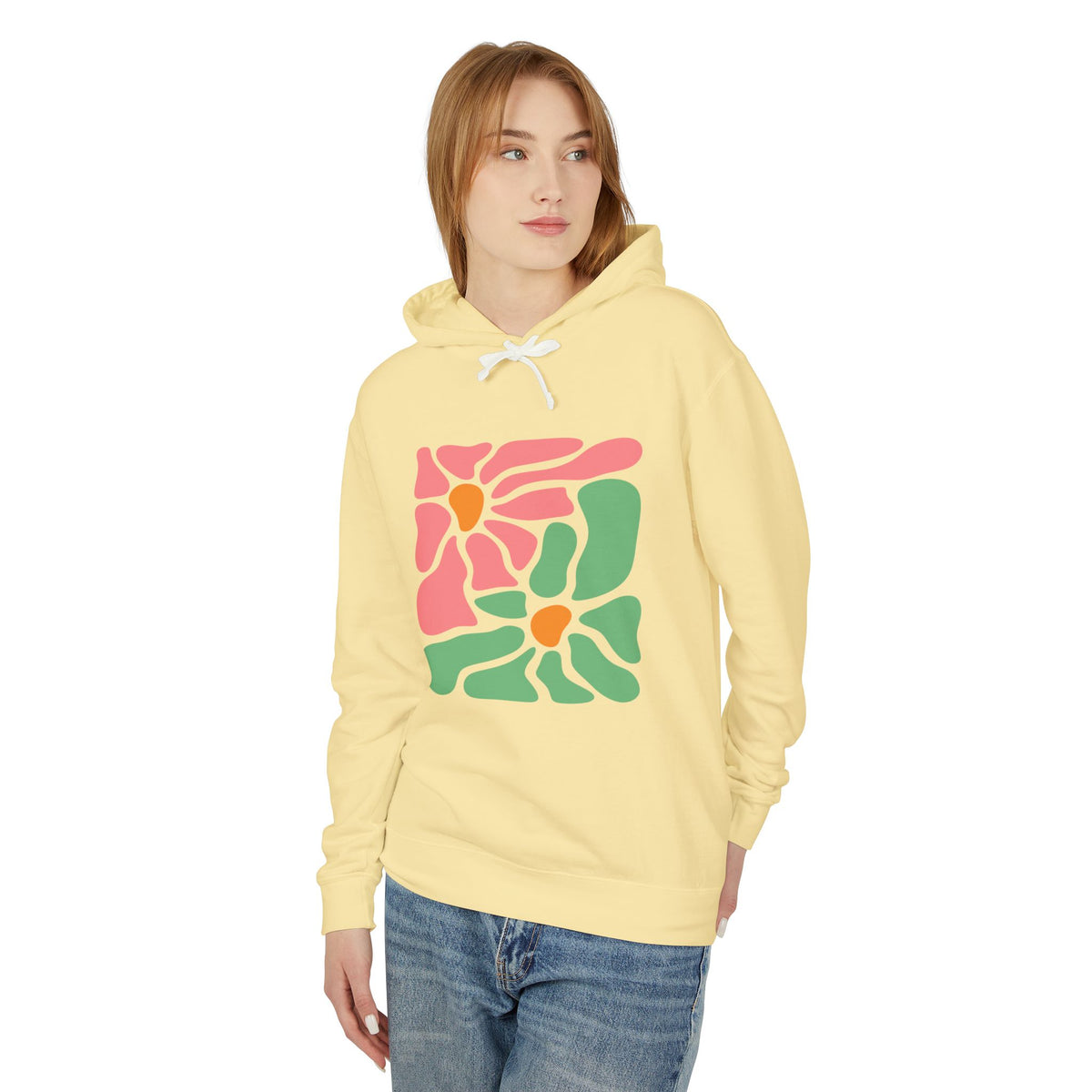 Abstract Pink & Green Flower Lightweight Women's Hooded Sweatshirt