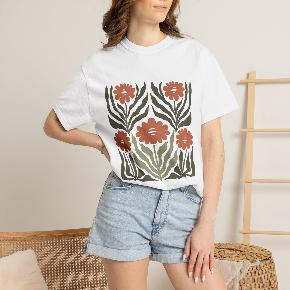 Rustic Flower Print Garment-Dyed Women's T-Shirt