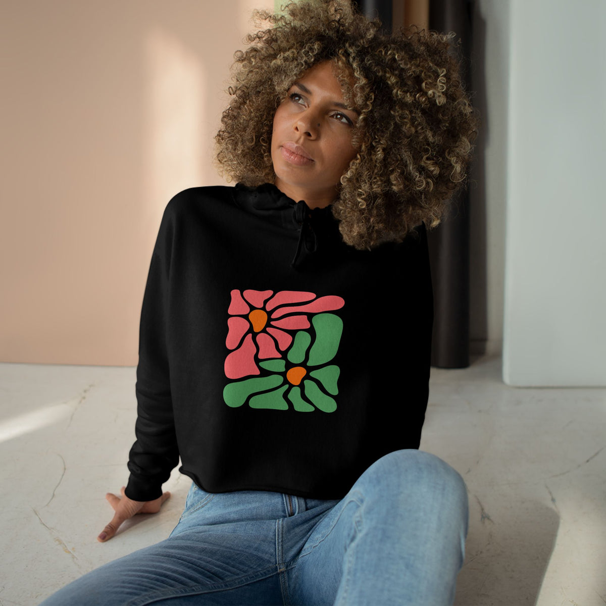 Abstract Pink & Green Flower Crop Hoodie