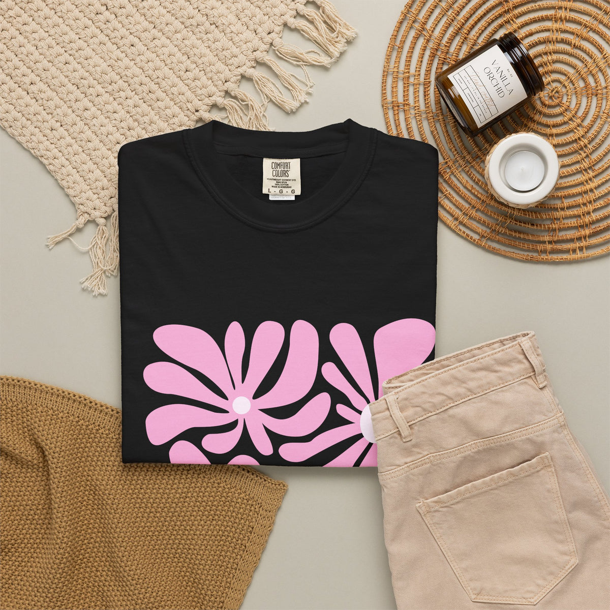 Pink Retro Floral Garment-Dyed Women's T-Shirt