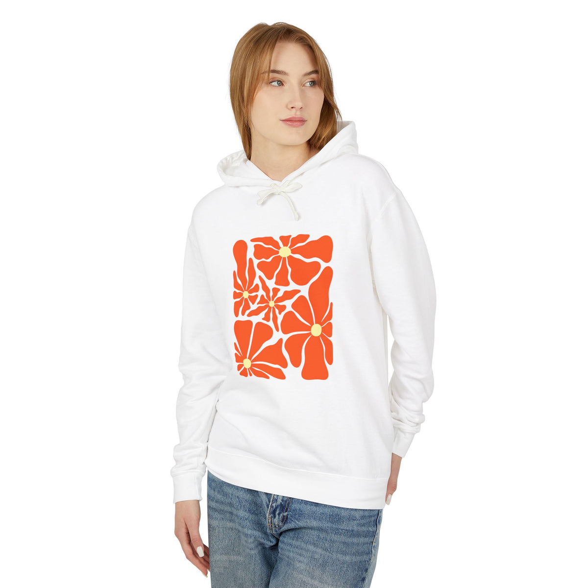 Orange Floral Pattern Lightweight Women's Hooded Sweatshirt