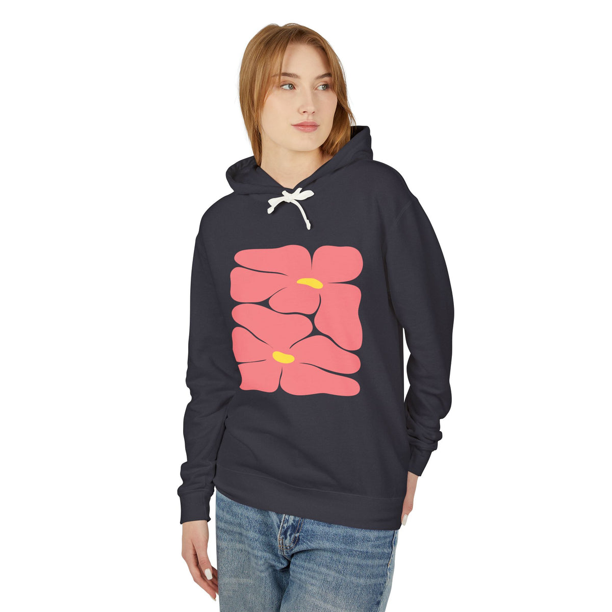 Pink Retro Flowers Graphic Lightweight Women's Hooded Sweatshirt