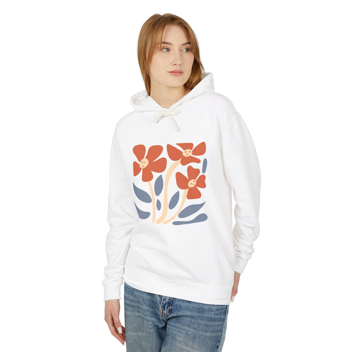 Minimal Orange & Blue Flower Graphic Lightweight Women's Hooded Sweatshirt