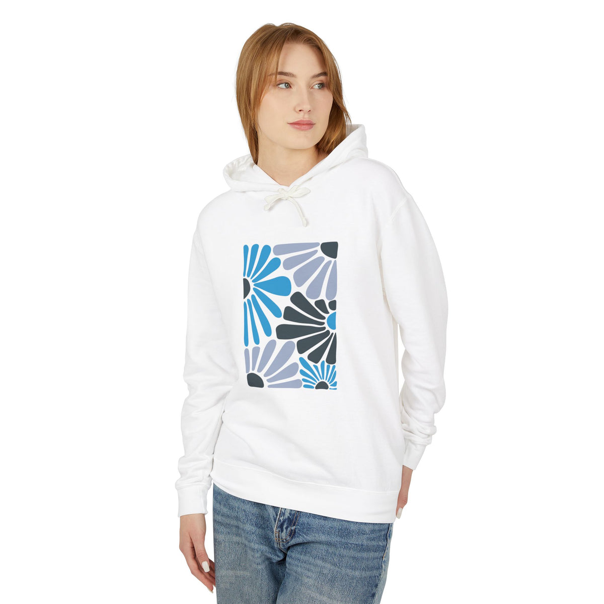 Abstract Blue Floral Pattern Lightweight Women's Hooded Sweatshirt