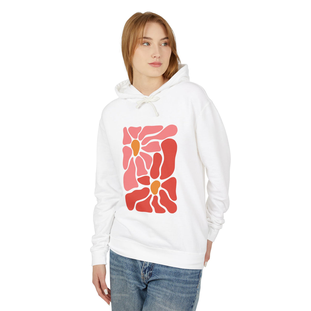 Pink Retro Flower Graphic Lightweight Women's Hooded Sweatshirt